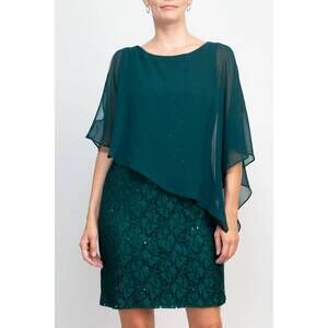 NEW CONNECTED APPAREL cape chiffon sleeve floral lace dress in hunter